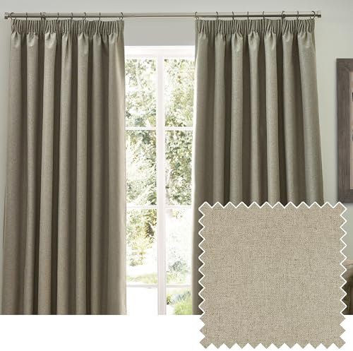 furn. Dawn Textured Blackout Pencil Pleat Curtains – Thermal Lined Pair (Natural - Width 117 x Drop 137cm)