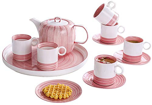 RAABYU Juego de té, Juego de 6 Tazas y platillos para té, Juego de té de la Tarde, Tetera, Taza de café y Bandeja de té para el Día de la Madre