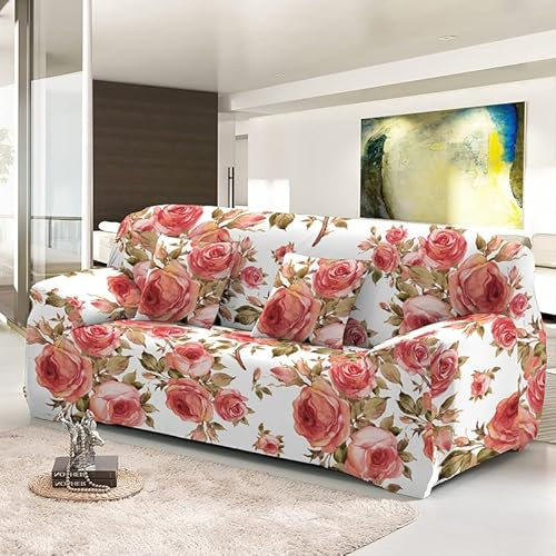 Sofa überwurf Rosa Retro Blume Sofa überzug Stretch Sofahusse Sofabezug Ecksofa mit Elastischen Boden Sofabezug L Form Universal Couchbezug Waschbar Couch überzug 3 Sitzer