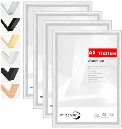 HIMEETIME® 4x Bilderrahmen DIN A5 14,8x21 cm Silber Metall Rahmen, Dokumentenrahmen 14,8x21 cm, Metallrahmen Alu-Bilderrahmen Poster Aluminium, Picture Frame A5 Fotorahmen