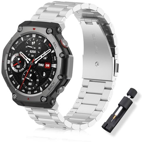 ToVioc Correa Compatible con Amazfit T-Rex 3, Caballero Elegante Correa de Reloj de Metal de Acero Inoxidable Compatible con Amazfit T-Rex 3 - Plata