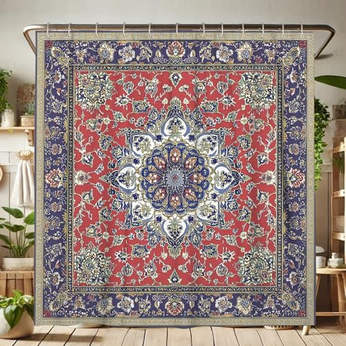 Rideau de douche à motif floral oriental, rideau de douche botanique bleu bordeaux rouge pour décoration de salle de bain, ensemble de rideau de douche vintage en tissu imperméable avec crochets 183 x