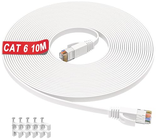 ikbc Cable Ethernet 10 metros, Plano Cable de Red 10m Cat 6 Alta Velocidad, Blanco Cable Internet 10/100/1000Mbps 250MHz, Gigabit RJ45 Cable LAN UTP Cable Patch para Rúter Switch Módem PC (10 Clips)