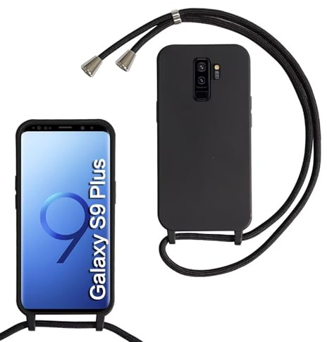 MBSLFY Silikon Handykette für Samsung Galaxy S9 Plus Hülle mit Band,Silikon Necklace Handyhülle mit Abnehmbar Kordel zum Umhängen Stossfest Bumper Handy Schutzhülle für Samsung S9 Plus, Schwarz