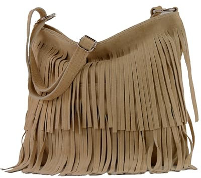 modamoda de T125 Damen Leder Wildleder Schultertasche Umhängetasche handmade in Italy, Farbe:Braunbeige