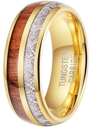 Calefee Eheringe Herren Einzeln Schlicht, Ring Wolframcarbid Herren Verlobungsring Bandring Breit 8 mm Gold mit Holz, Größe 57