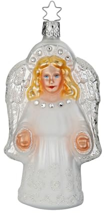 Christbaumschmuck Engel 13cm mundgeblasenes Glas handbemalt Weihnachtskugel Figur mit Glitzer zum Aufhängen Weihnachtsbaum Anhänger Winterfigur Weiß Silber
