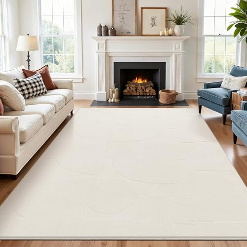 SHACOS Teppich Wohnzimmer 140x200 cm, Kurzflor Waschbarer Teppich Flauschig Teppiche Schlafzimmer Anti-Rutsch Wohnzimmerteppich Modern, Creme