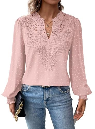 TUUHAW T Shirt Donna Elegante Manica Lunga Magliette Boho Scollo a V Casual | Autunno Volant Camicia, Elegante Abbigliamento, Pizzo Top, Primavera Camicetta, Ricamato Curvy Maglie, Affari Contadino Blusa