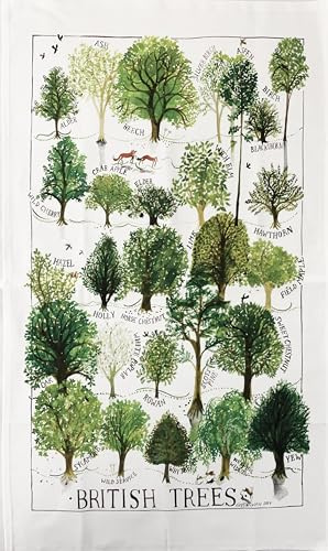 Crackers Ltd British Trees Illustrated Cotton Tea Towel, Traditional Botanical Forest Design, 480 x 800mm Kitchen Towel with Native Species Identification Guide