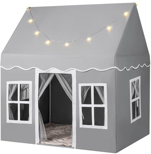 COSTWAY Kids Play Tent, Indoor Large Playhouse with Star Lights, Non-slip Mat and Windows, Castle Fairy Tents for 3-10 Years Boys Girls (Grey)