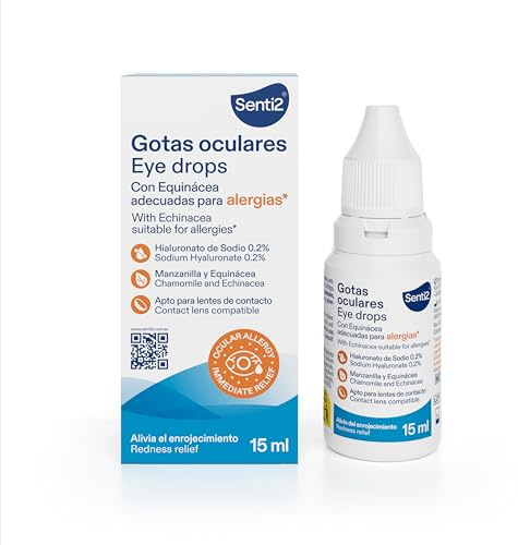 Senti2 Feuchtigkeitsspendende Tropfen für allergisch gereizte und trockene Augen, künstliche Tränen mit Hyaluronsäure 0,2 % und geeignet für Kontaktlinsen, 15 ml