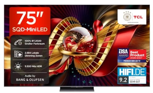 TCL 75C8L – Smart TV SQD‑Mini LED 4K HDR10+ da 75, 5.500nit | 2,584 Dimming Zones, Dolby Vision IQ & Atmos, 144Hz, ZeroBorder Design, Audio by Bang & Olufsen