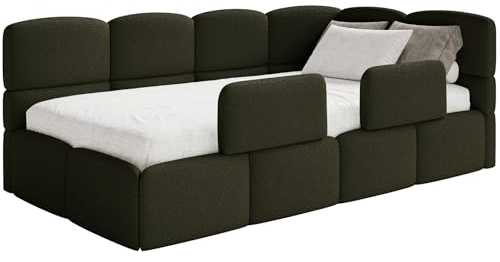 Selsey Jugendbett 120x200cm Olivgrün Bouclé Stoff mit Matratze und Lattenrost, Polsterbett mit Stauraum und Bettkasten, Kinderbett mit 2 Schutzbarrieren, Jugendbett rechtsseitig