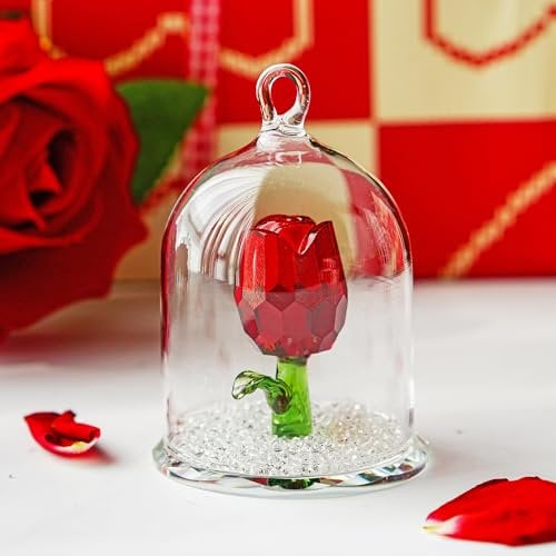H&D HYALINE & DORA Crystal Rose Flower Figurine,Glass Dreams Flower Ornament Valentine's Day Gifts for Lady (Red)