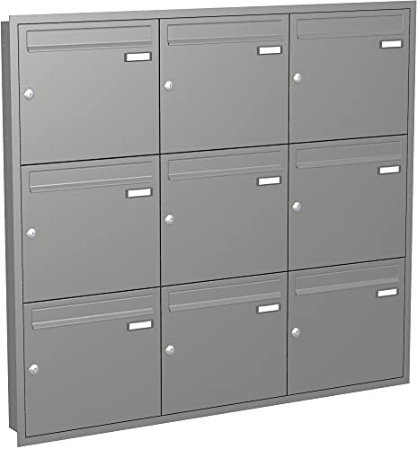 Briefkastenanlage Unterputz mit eckiger Verkleidung Modell U1 Farbe RAL 9007 Graualuminium, Größe mit 9 Briefkästen