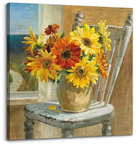 Badezimmer-Dekoration, Leinwand Wandbilder, Wandkunst, Landhaus, Wanddekoration, Sonnenblumen-Thema, Gemälde, Vintage, Leinwand Bilder, Holzrahmen, Wandkunst, einfach aufzuhängen, Größe 35,6 x 35,6 cm