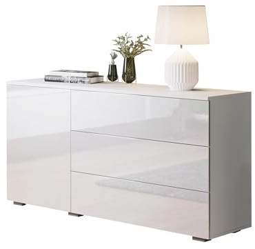 Mirjan24 Kommode Bevrato 110 mit 3 Schubladen und Tür, Sideboard, Anrichte, B:H:T: 110x68x39 cm, Highboard, Mehrzweckschrank, Wohnzimmer (Weiß/Weiß Hochglanz)