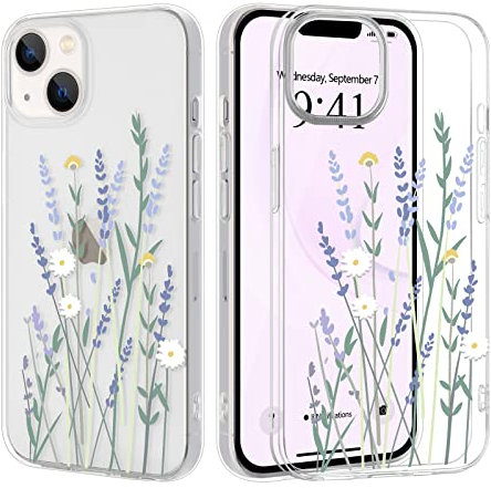 Clear Phone Case Compatible with iPhone 13 Soft Silicone Shockproof Transparent TPU Protective Daisy Floral Lavenders Patterns Design Case Girls&Women Cute Cover