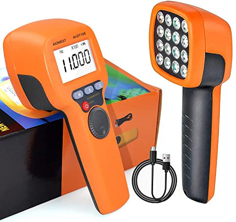 AIOMEST Digitales LED Stroboskop Tachometer Messung 60~99,999 RPM/Hz, wiederaufladbare berührungslose Tachometer einstellbare Strobe Licht Timing Tachometer