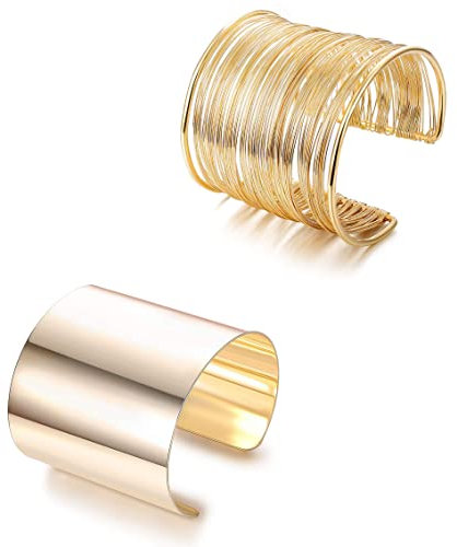 FIOROYAL 2 Stück Manschette Armreif für Damen Silber Gold Offen Breite Draht Armbänder Verstellbare Armband Oberarm Schmuck G