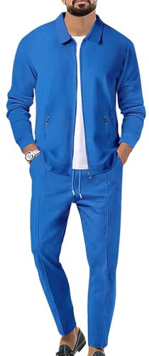 Uomo Tute da Ginnastica Waffle Manica Lunga Cerniera Giacca & Pantaloni Set di 2 Pezzi Blu per Casual Sport Lavoro, L