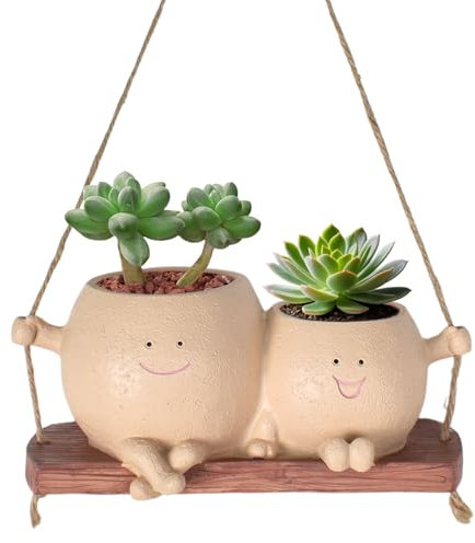 Vaso per Piante Con Volto Oscillante, Double Vasetto per Piante Con Faccina Sorridente,Vaso Da Fiori Con Sedia a Dondolo Oscillante, Vasetto per fiori in Resina per Casa, Ufficio, Balcone, Giardino