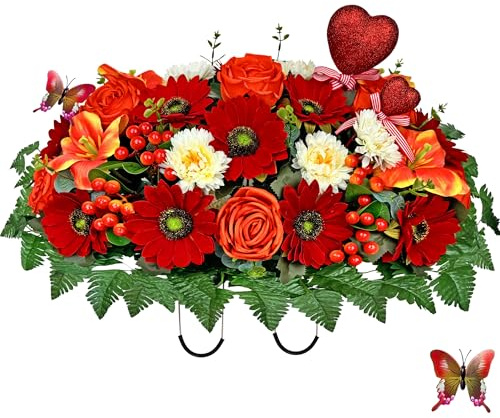 Saxili Künstlicher Grabstein-Blumensattel, Friedhofsblumen für Grabdekoration, realistische, lebendige Rose, Tulpe, Gerbera, Beere, Gedenk-/Beerdigungsblumen, nicht geblühte Farben