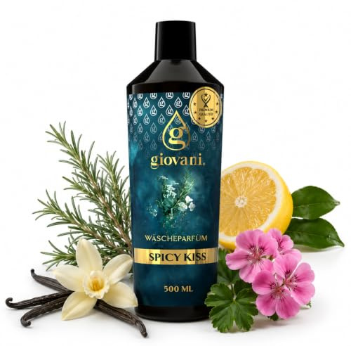 Giovani Wäscheparfüm SPICY KISS 500ml | Würziges Wäscheduft mit Rosmarin, Zitrone, Bergamotte, Vanille, Moschus & holzigen Nuancen | Unisex-Duft, Langanhaltende Frische | (100 washes)