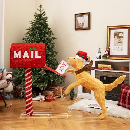 SOARS Weihnachtsdekoration, Briefkasten mit Weihnachtshund, 120 warmweiße LED-Lichter, Metallrahmen, Erdspieße, Weihnachtsdekoration für Außen- und Innenbereich für Garten, Wohnzimmer, Eingangsbereich