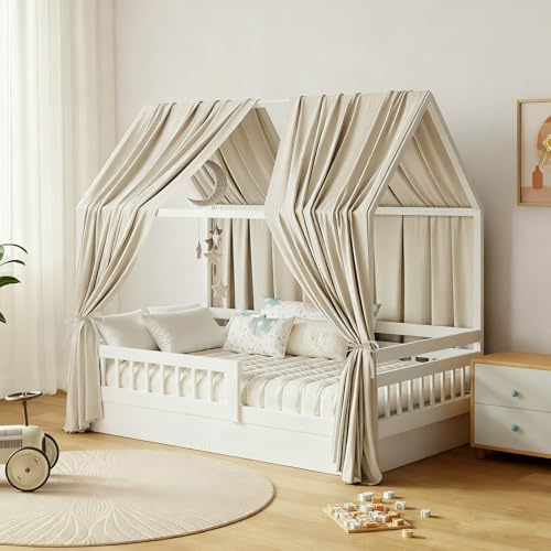 GFCC Ciel de Lit Cabane Ensemble de Décoration 2 Pièces 125 x 350 cm Camel | Rideaux Lit Cabane Enfant Baldaquin Ciel en Tissu de Maison Chambre pour Fille Garçon