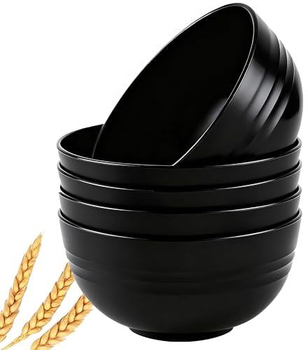 Cereal Bowls Black 685ml Shatterproof Stackable Reusable Plastic 5Pcs | Light stackable black plastic bowls for cereal, salad & soup, shatterproof reusable daily kitchen use, easy to clean