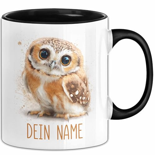 Eulen Tasse mit Namen – Personalisierte Kaffeebecher Tiermotiv Geschenkidee Mädchen Junge (Schwarz)