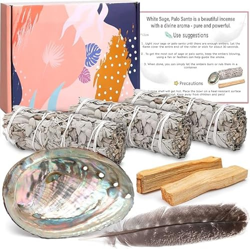 BARAKYEG Paquets de Sauge Blanche,3 Bundles White Sage + 2 Palo Santo Coquillage d'ormeau - Purification Élimine Les Énergies Négatives Encens Naturel à bruler Anti Stress méditation Bois de rituels