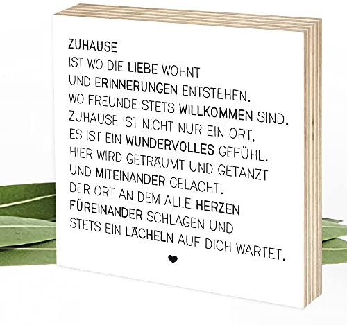 Wunderpixel® Holzbild Zuhause - 15x15x2cm zum Hinstellen/Aufhängen, echter Fotodruck mit Spruch auf Holz - schwarz-weißes Wand-Bild Aufsteller Dekoration/Geschenk-Idee Geburtstag Einweihungsgeschenk