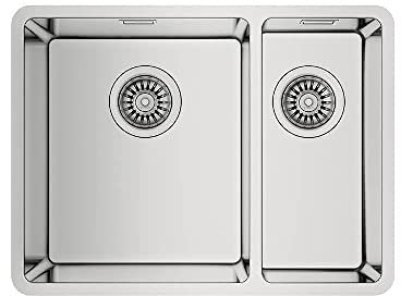 Teka Be Linea RS15 2C 580 - Fregadero Bajo Encimera de 60 cm, 2 Cubetas Cuadradas, Desagüe con Válvula Canasta y Sifón, Acero Inoxidable