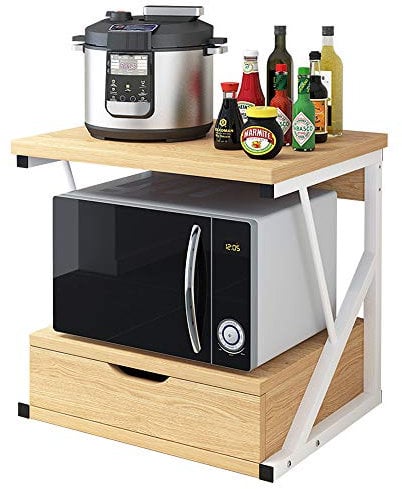 Redd Royal 2-Tier Kitchen Baker's Rack Spices Rack with Drawers, Countertop Microwave Oven Shelf Stand Storage Organizer Shelving Unit Freestanding Wood Top Metal Frame
