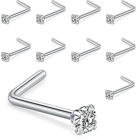 Liuxn 10 Stück Gebogene Nase Stud Stahl Nasenring Zirkonia L Bend Bar Piercing Schmuck, 20 Gauge