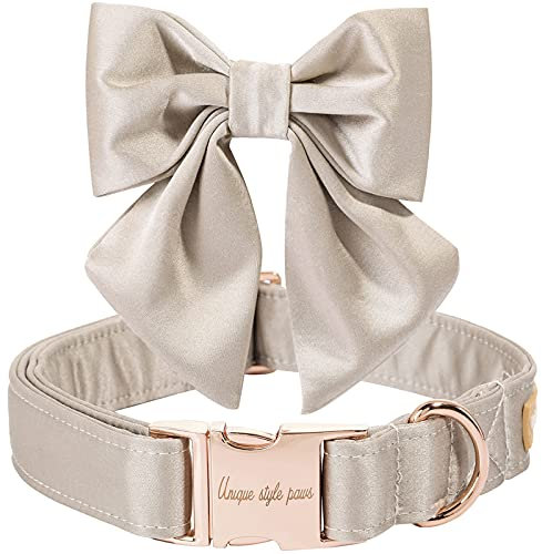 Unique style paws Hundehalsband aus Seide, einstellbar, langlebig, mit Schleife, Hochzeitsfliege, Halsband für kleine Welpen und Katzen, Größe S, Champagnerfarbe