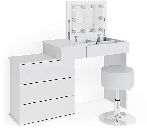 Vicco Schminktisch Lotos, Kosmetiktisch mit Spiegel, Weiß, 117 cm mit LED Beleuchtung und Hocker