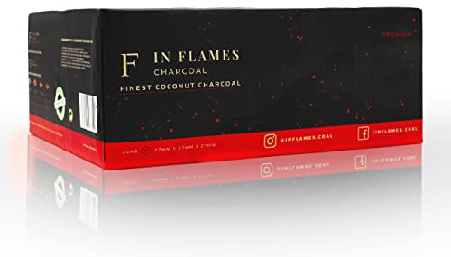 In Flames Carbón de 20 kg – con combustión extra larga – briquetas de coco 27 de alta calidad – para barbacoa – cubo de carbón de coco de 27 mm