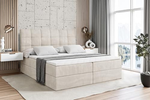 ALTDECOR Boxspringbett mit Matratze und Lattenrost, Boxbett, Topper, Polsterbett mit Bettkasten, Bett mit Stauraum H4-Matratze, Doppelbett, Springboxbett - APO - 200x200 - Beige Samt