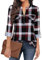 Gemulate Womens Zip Up Plaid Tunic Blouse Long 3/4 Roll Sleeve Polo Top Floral Printed Shirts Long Tops to Wear with Leggings Plaid Red 2-L