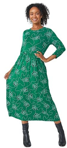Roman Originals Midi Dress with Pockets for Women UK Ladies Stretchy Jersey Maxi Long 3/4 Length Sleeve Gathered High Waist Boho Flattering Skater Swing Fit Flare - Green Petite - Size 10