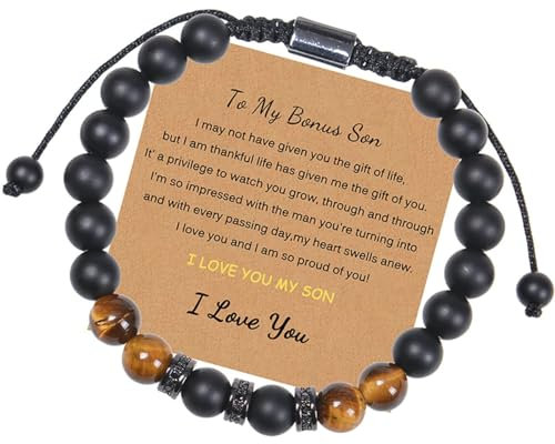 Ayoiow 8mm Perlenarmband 30cm Armreif 8mm Tiger Eye Verstellbare Geflochtene Perlenarmband to My Bonus Son (Grußkarte) Schwarz Braun Armband für Herren