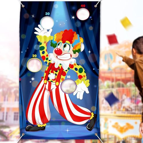 135 * 75cm Clown Wurf Spiel Zirkus Banner mit 3 Bohnen Säcke für Karneval Party Werfen Spiele Aktivitäten Wurfspiel Dekorationen Kinder und Erwachsene