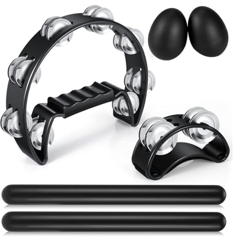 Pluuttiem 6-teiliges Tamburin-Set, Halbmond-Tambourin, mit Rhythmusstöcken, Egg Shakers, Musikinstrumenten-Set