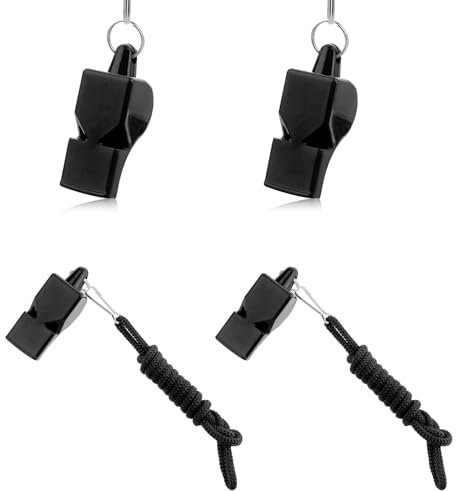 4 Stück Schwarz Pfeife mit Umhängeband, Trillerpfeife Laut Notfall Lauter Klarer Klang Schiedsrichter Pfeife Kunststoff Whistle für Rettungsschwimmer, Trainer, Selbstverteidigung und Sport