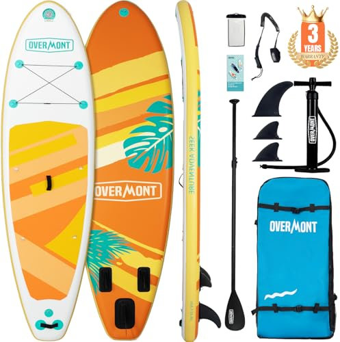 Overmont SUP Aufblasbares Stand Up Paddle Board für Erwachsene, 323 x 84 x 15 cm, leicht und faltbar, mit ADJ-Paddel, Pumpe, SUP-Rucksack, Leine, 3 Flossen, wasserdichte Tasche, Reparaturset,