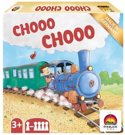 Pixblick Spiele - Chooo Chooo - Eisenbahn Gesellschaftsspiel mit Würfel für Kinder ab 3 Jahre, Eisenbahnschienen, Bahnhöfe, Züge, Würfel I Spielbar als Brettspiel oder als Spielzeug - Made in Germany